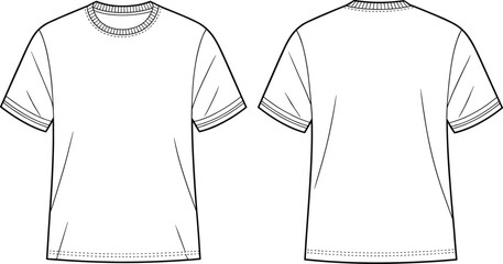 Technical flat sketch of crewneck t-shirt, short sleeve basic design, fashion template, garment construction drawing, apparel illustration, vector outline, stitching details