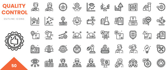 Collection of 50 quality control outline icons depicting various inspection and analysis concepts.