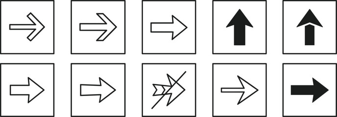 Directional arrow icons, navigation symbols, right and upward arrows, interface pointer signs, guidance indicators, UI direction elements, flat vector arrow design illustration