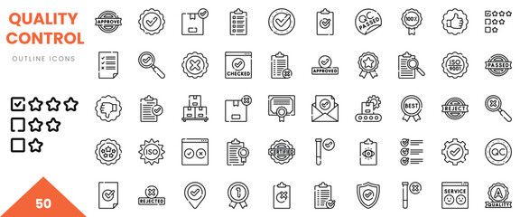 Collection of quality control outline icons, featuring check marks, certificates, and approval signs.