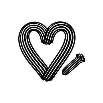 Sweet fried dough churro heart shaped silhouette vector illustration of a popular dessert isolated on white background