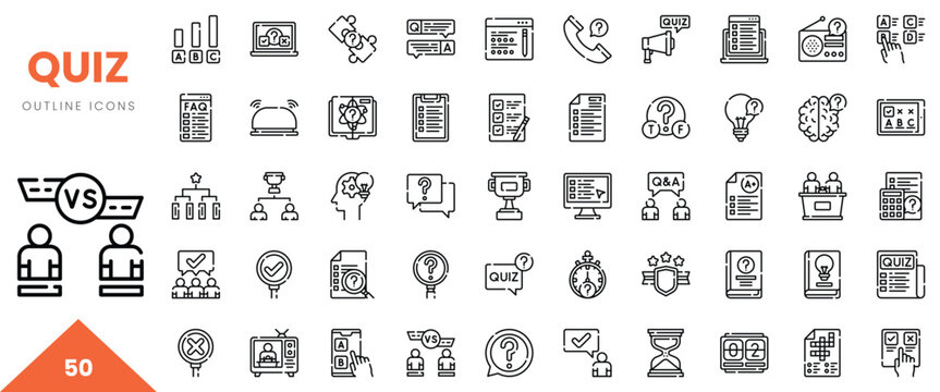 Variety of outline icons depicting quiz-related concepts in a minimalistic design.