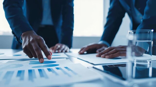 Office business modern work space meeting strategy planning analysis review, focused team collaboration drives growth with hand pointing finance chart and report table, clear teamwork session bright