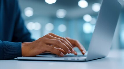 Modern office business work space with hands typing laptop keyboard, computer clean desk soft bokeh lights, calm professional productivity scene, contemporary minimal design for workplace