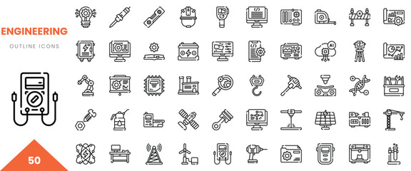 A collection of engineering outline icons showcasing tools and devices used in various fields.
