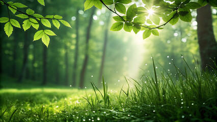 Obraz premium Sunlight streaming through lush green leaves and illuminating dewdrops on vibrant grass in a magical, misty forest clearing at dawn