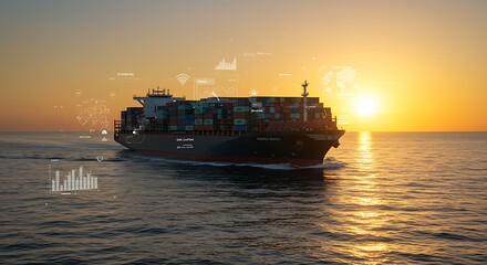 Obraz premium Large container ship sails at sunset with digital data overlays