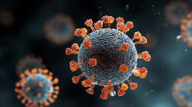 Close-up view of blue spherical virus particles with orange spike proteins, glowing! and suspended in