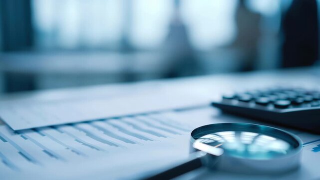 Magnifying glass document data report analysis office business modern work space focus finance research audit accounting chart paper calculator strategy review investigation detail planning closeup