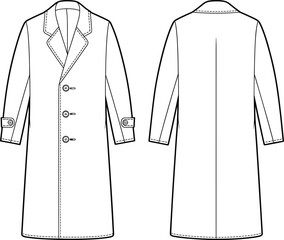 Technical flat sketch of long overcoat, notched lapel button closure cuff strap design, fashion template, garment construction drawing, apparel illustration, vector outline