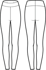 Technical flat sketch of leggings, high waist tapered fit design, fashion template, garment construction drawing, apparel illustration, vector outline, seam details