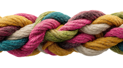Braided colorful ropes intertwining, symbolizing unity, connection, diversity, and teamwork. Transparent background cutout