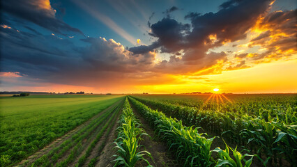 Vibrant sunset over a lush green cornfield with dramatic sun rays breaking through dark clouds above the horizon
