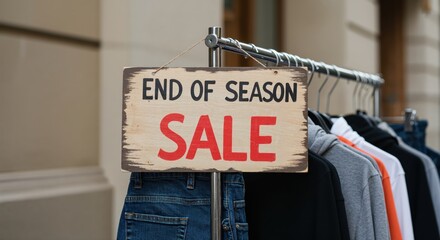 End of Season Sale: a wooden sign with end of season sale message for discounts on clothing items.