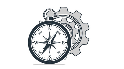 Strategic direction and planning concept with a compass and gear icon. Business navigation, setting, and mechanism illustration.