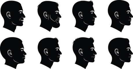 Vector Collection of Eight Male Head Silhouettes in Profile View, Featuring Various Hairstyles and Beards, Ideal for User Avatars, Business Profiles, and Hair Salon Design Concepts