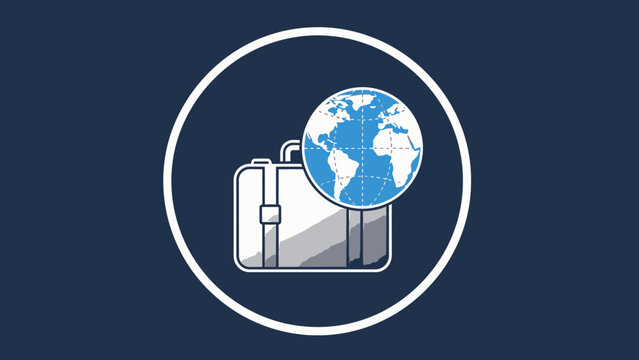 Global business travel icon with briefcase and world map. International career and professional journey concept illustration.