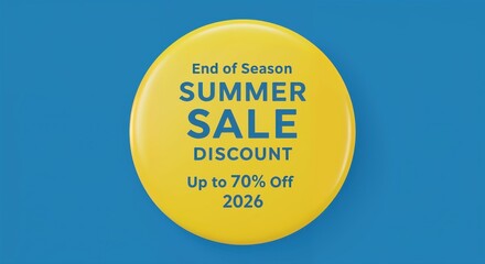 Summer Sale Promotion: A vibrant yellow promotional button announcing a summer sale with a significant discount, set against a contrasting blue backdrop, capturing attention and enticing shoppers.