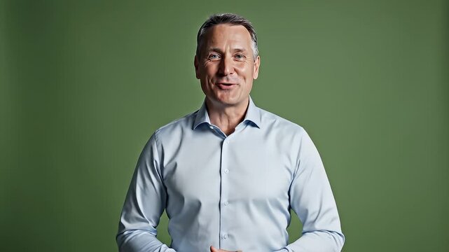 Professional talking head presenter on green screen for corporate video.