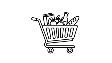Outline Shopping Cart Icon with Groceries, Food, and Consumer Products - Retail, Supermarket, and E-commerce Concept