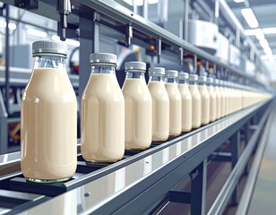 Line of glass bottles filled with beige liquid moving on an automated conveyor belt