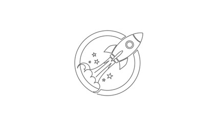 Outline rocket launching icon with smoke trail and stars in a circle frame. Vector line art symbol for startup, progress, success, and innovation.