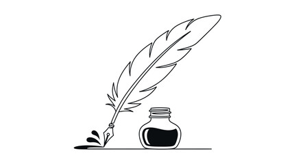 Vintage Quill Pen Dipping into Inkwell with Ink Splatter - Classic Writing Instrument Line Art Illustration