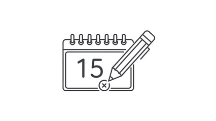 Outline vector icon of a calendar showing date 15 with a pencil editing or canceling an event, symbolizing schedule management and planning.
