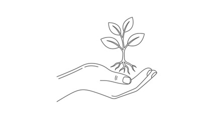 Minimalist line art illustration of a human hand gently cradling a small plant with visible roots, symbolizing growth, nature, and sustainability.