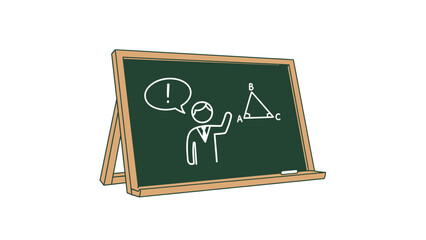 Educational chalkboard illustration with teacher figure explaining geometry lesson, triangle, and speech bubble with exclamation mark.