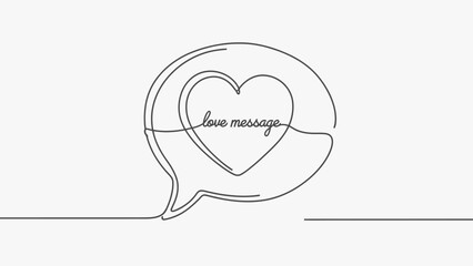 Continuous line drawing of a heart-shaped speech bubble with 'love message' text, minimalist romantic communication concept.