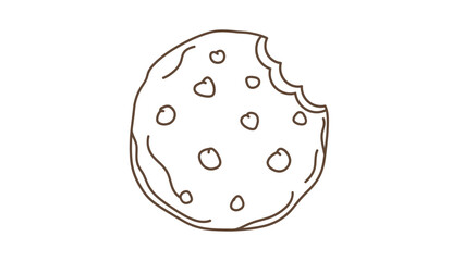 Hand drawn bitten chocolate chip cookie line art doodle illustration. Sweet baked dessert snack icon for web and graphic design.
