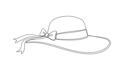 Elegant wide-brimmed sun hat with ribbon and bow line art illustration. Vintage summer fashion accessory vector drawing.