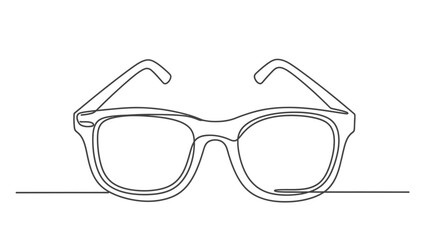 Minimalist continuous line art drawing of a pair of classic eyeglasses. Simple one-line vision accessory, fashionable optical frame.