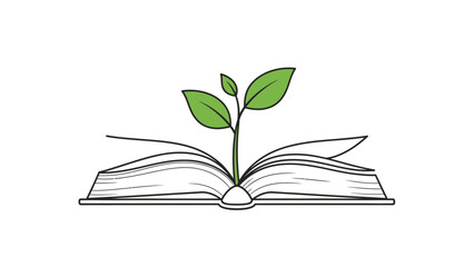 Open book with green plant growing, symbolizing knowledge, education, nature, and sustainable growth concept illustration.