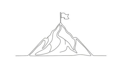Single continuous line art of mountain peak with flag, representing success, challenge, achievement, and business aspiration.