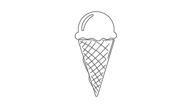 Simple line art illustration of a delicious ice cream cone with a single scoop, a sweet dessert perfect for summer treats.
