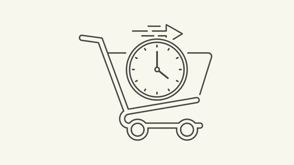 Line art icon of a shopping cart with a clock and speed arrow, symbolizing fast delivery, express shipping, and urgent online purchases.