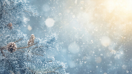 A snow-covered pine branch with pinecones and falling snowflakes, illuminated by a warm, golden light.