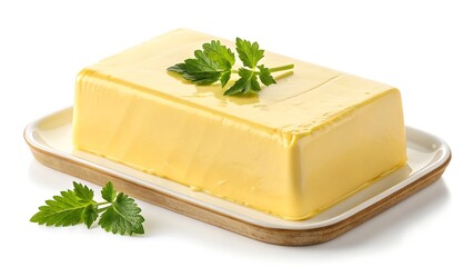 Creamy-yellow butter block isolated on bright white background, ideal for cooking visuals, food packaging, and recipe illustrations.