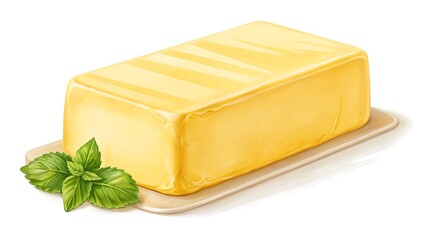 Creamy-yellow butter block isolated on bright white background, ideal for cooking visuals, food packaging, and recipe illustrations.