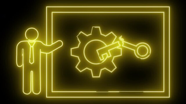 Yellow neon graphic presenter frame gear with broken key inside on a black background