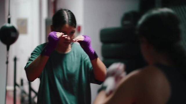Young female boxers training and sparring in a gym