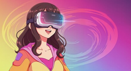 Naklejka premium Immersive Digital Realm: A young woman is immersed in a virtual world through the use of virtual reality glasses, a digital swirl backdrop enhancing the experience.
