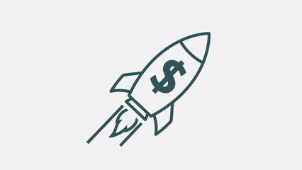Business startup rocket icon with dollar sign, representing financial growth, investment, and market success acceleration