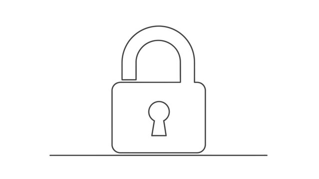 Minimalist continuous line art drawing of a closed padlock icon, symbolizing security, protection, privacy, and digital lock.