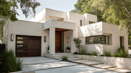 Fototapeta premium Cloud Dancer A modern white house a brown garage door and lush greenery around it Colour of the Year 2026