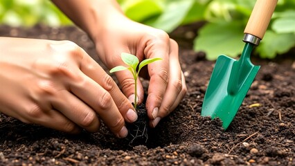 Close-up of human hands gently planting a young green seedling into fertile dark soil. Conceptual image for growth, environment, sustainability, agriculture, gardening, and earth day.