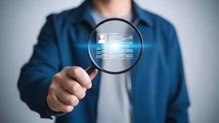 Man investigating digital data stream through magnifying glass