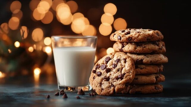 Milk glass beside a stack of chocolate chip cookies under warm, glowing bokeh lights on a dark table